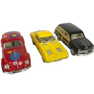 Kinsmart Diecast 3 Cars 63 Corvette Stingray 67 VW Beetle 49 Ford Woody Wagon